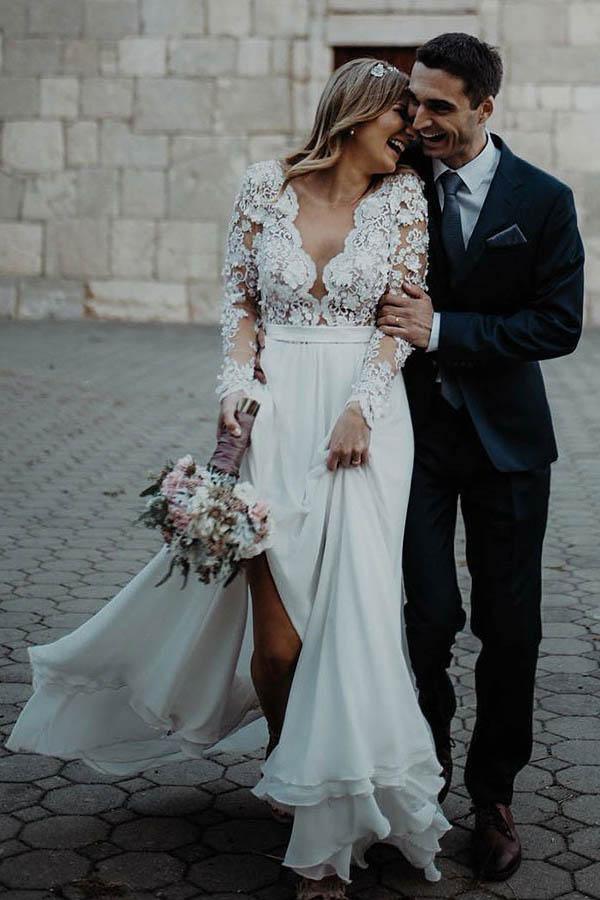 Wholesa A-Line V-Neck Floor Length Chiffon Wedding Dress with Appliques Flowers