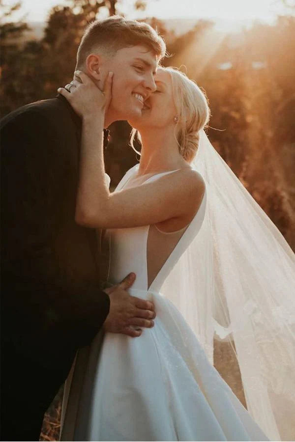 Wholesa A-line Simple Elegant V Neck Ivory Satin Wedding Dresses