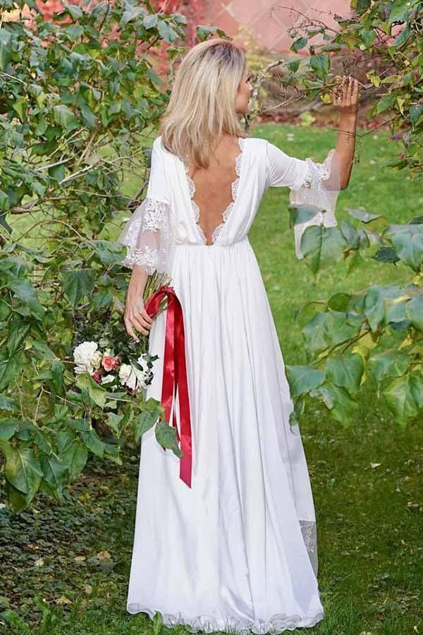 Wholesa A-Line V-Neck Long Sleeves Satin Wedding Dress with Lace