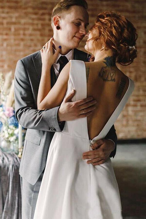 Wholesa A Line V Neck Open Back Satin Long Wedding Dresses