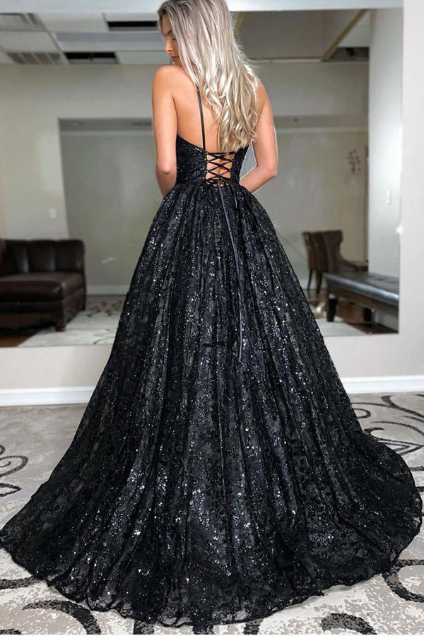 Wholesa A Line V Neck Spaghetti Straps Black Sequins Prom Dresses Evening Dresses