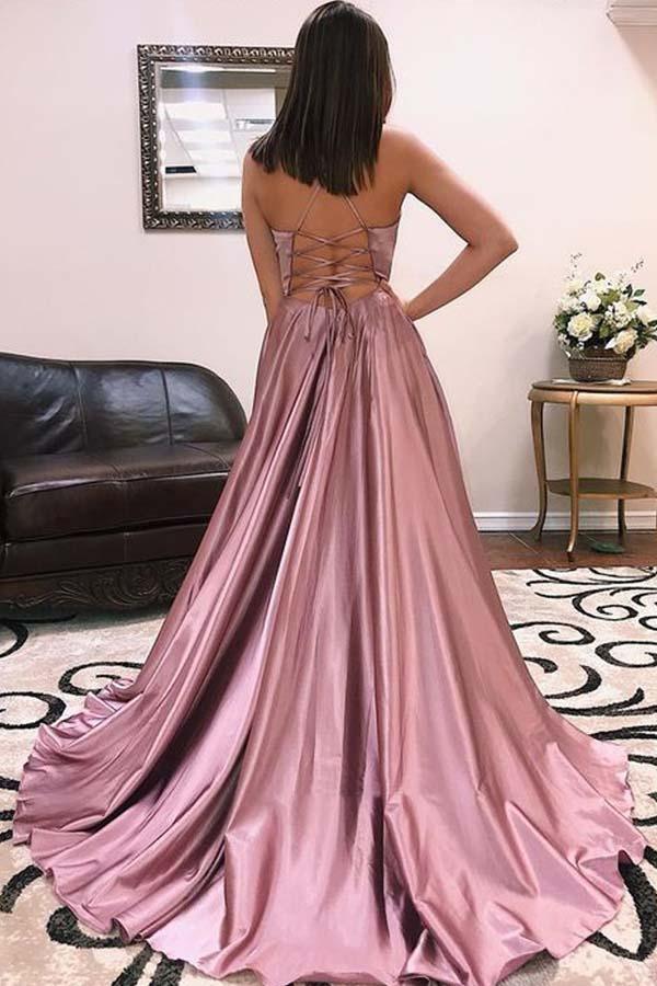 Wholesa A Line Spaghetti Straps V Neck Cross Back Blush Long Prom Dresses