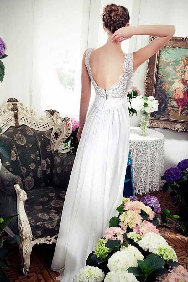 Wholesa A-Line V-Neck Sweep Train Chiffon Beach Wedding Dress with Lace