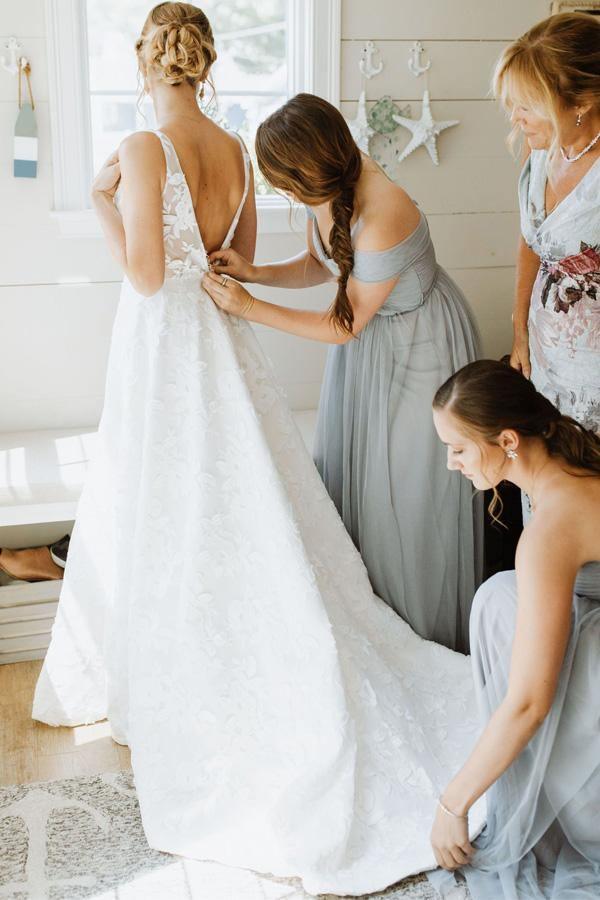 Wholesa A Line Illustion V Neckline Floral Lace Back Court Train Wedding Dress