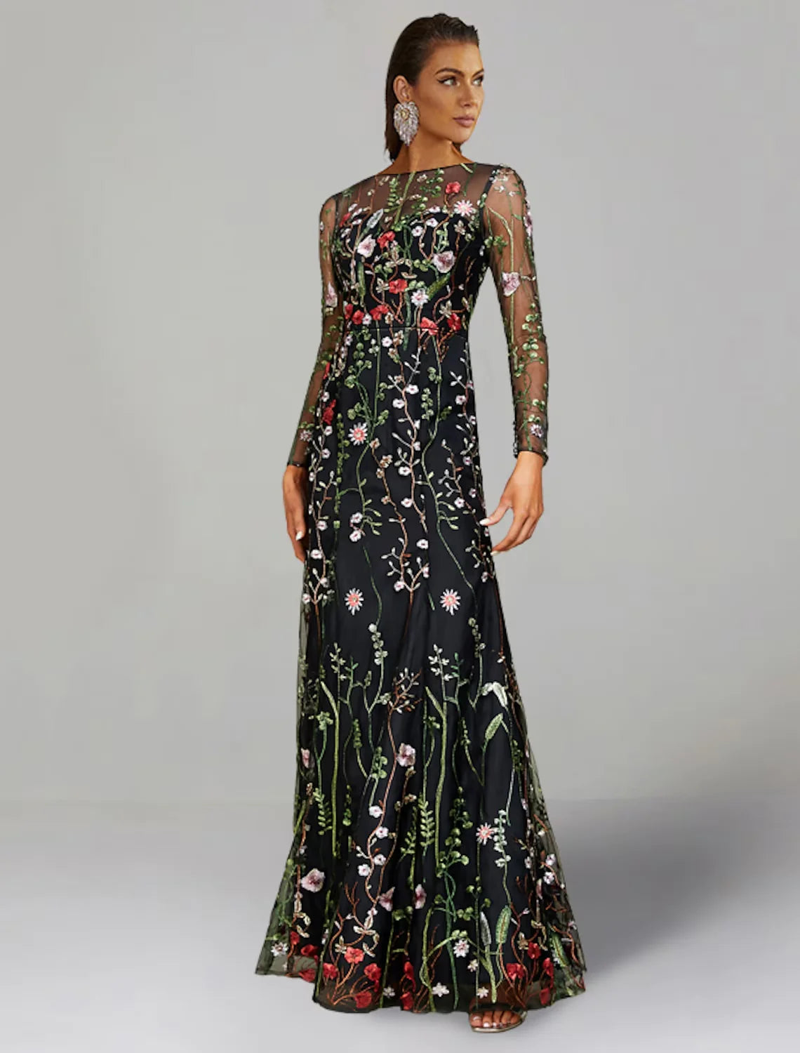 Wholesa Sheath / Column Wedding Guest Dresses Floral Dress Wedding Guest Floor Length Long Sleeve Jewel Neck Tulle with Embroidery