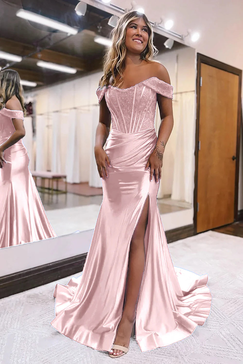 Wholesa Mermaid Sparkly Corset Detachable Neck Long Prom Dress with Slit