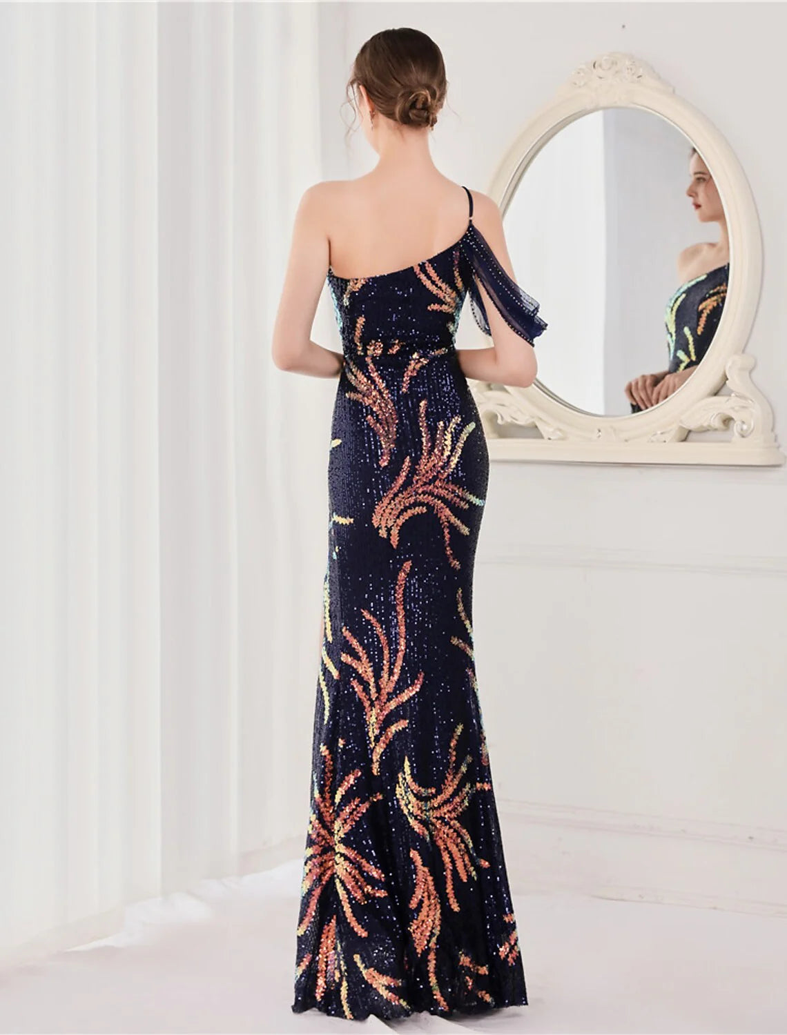 Wholesa Mermaid / Trumpet Evening Gown Elegant Dress Wedding Guest Floor Length Sleeveless Spaghetti Strap Sequined V Back with Sequin Slit