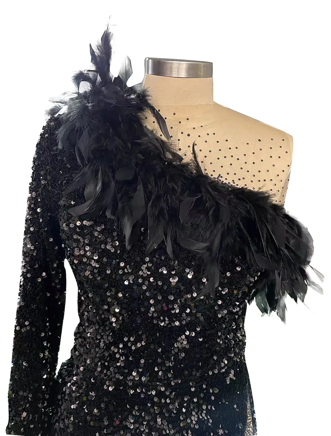 Wholesa Mermaid / Trumpet Sparkle Sexy Wedding Guest Formal Evening Dress One Shoulder Long Sleeve Court Train Sequined with Feather Sequin Slit