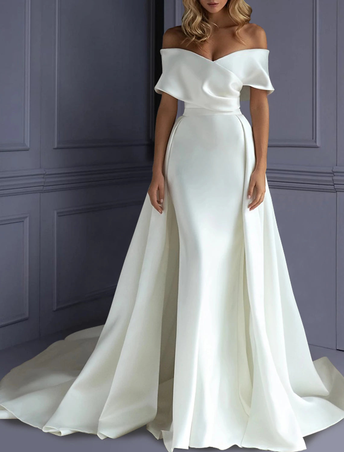 Wholesa  Beach Formal Wedding Dresses Mermaid / Trumpet Sweetheart Off Shoulder Sleeveless Sweep / Brush Train Satin Bridal Gowns With Solid Color