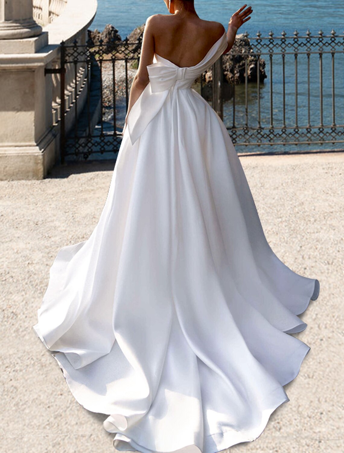 Wholesa Beach Wedding Dresses A-Line One Shoulder Cap Sleeve Court Train Satin Bridal Gowns With Bow(s) Pleats