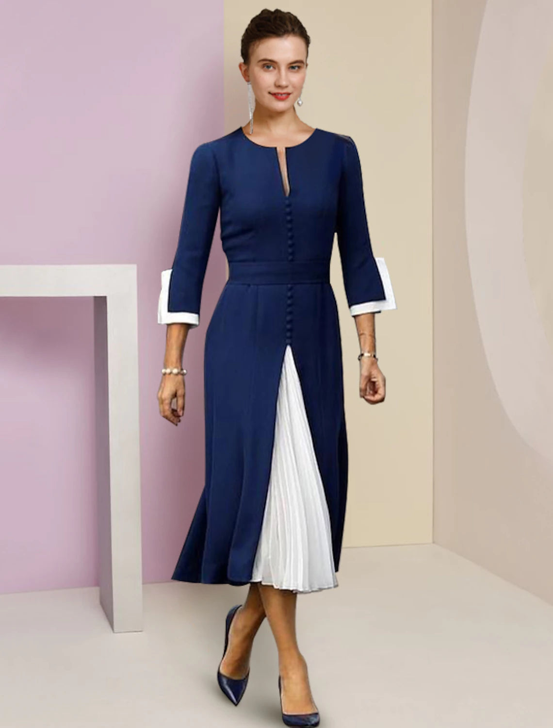 wholesale  A-Line Mother of the Bride Dress Formal Wedding Guest Elegant Scoop Neck Tea Length Stretch Chiffon 3/4 Length Sleeve with Buttons Color Block
