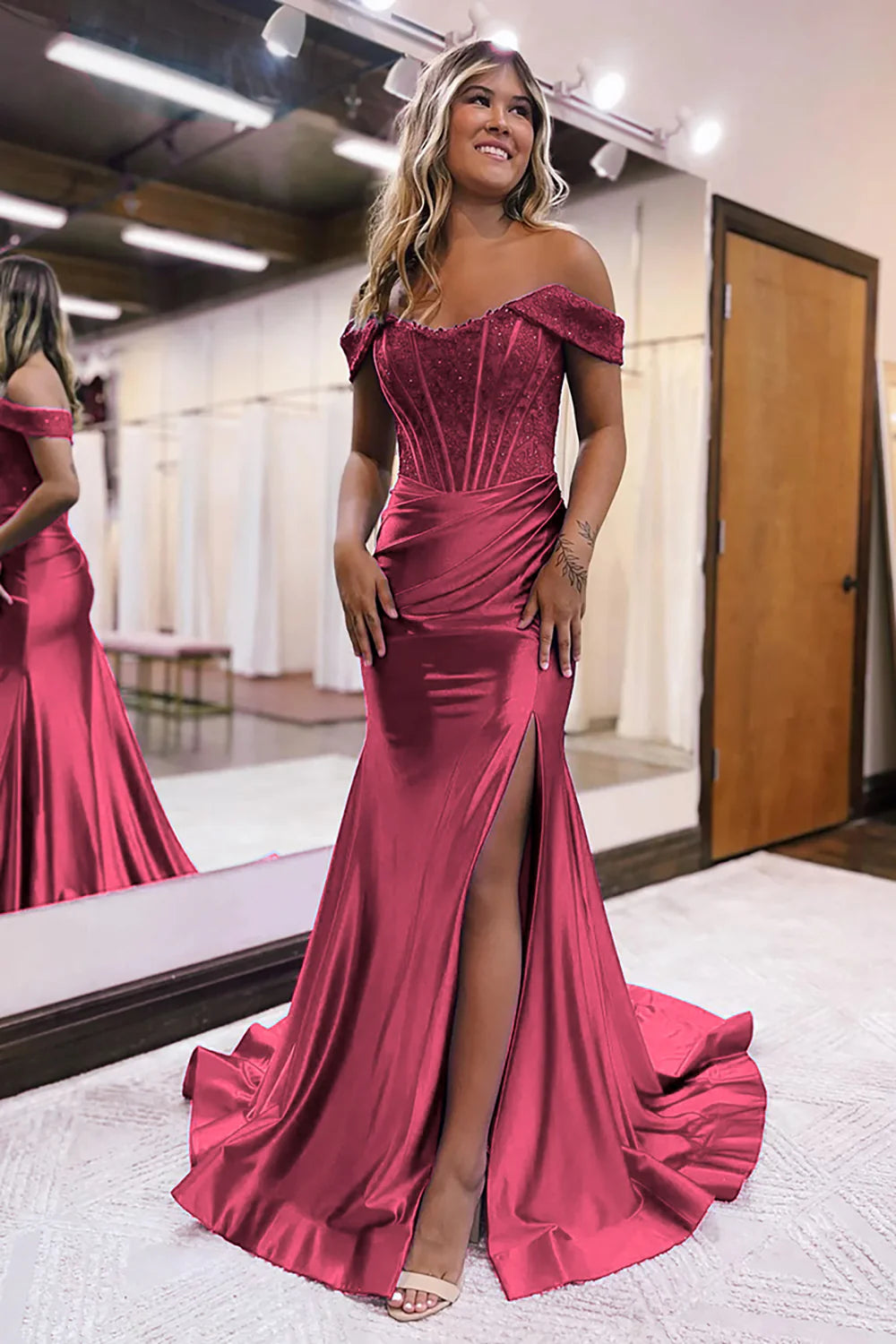 Wholesa Mermaid Sparkly Corset Detachable Neck Long Prom Dress with Slit