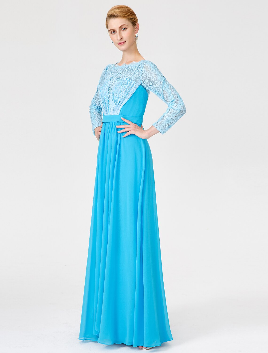 Wholesa A-Line Ball Gown Scoop Neck Floor Length Chiffon Lace Mother of the Bride Dress with Sash