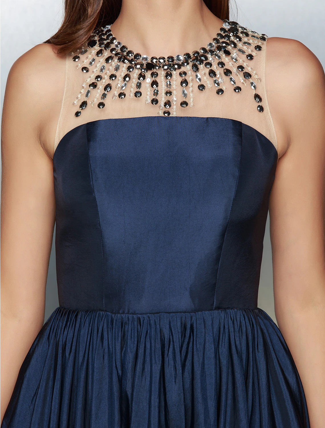 Wholesa A-Line Elegant High Low Prom Formal Evening Dress Illusion Neck Sleeveless Asymmetrical Taffeta with Pleats Beading