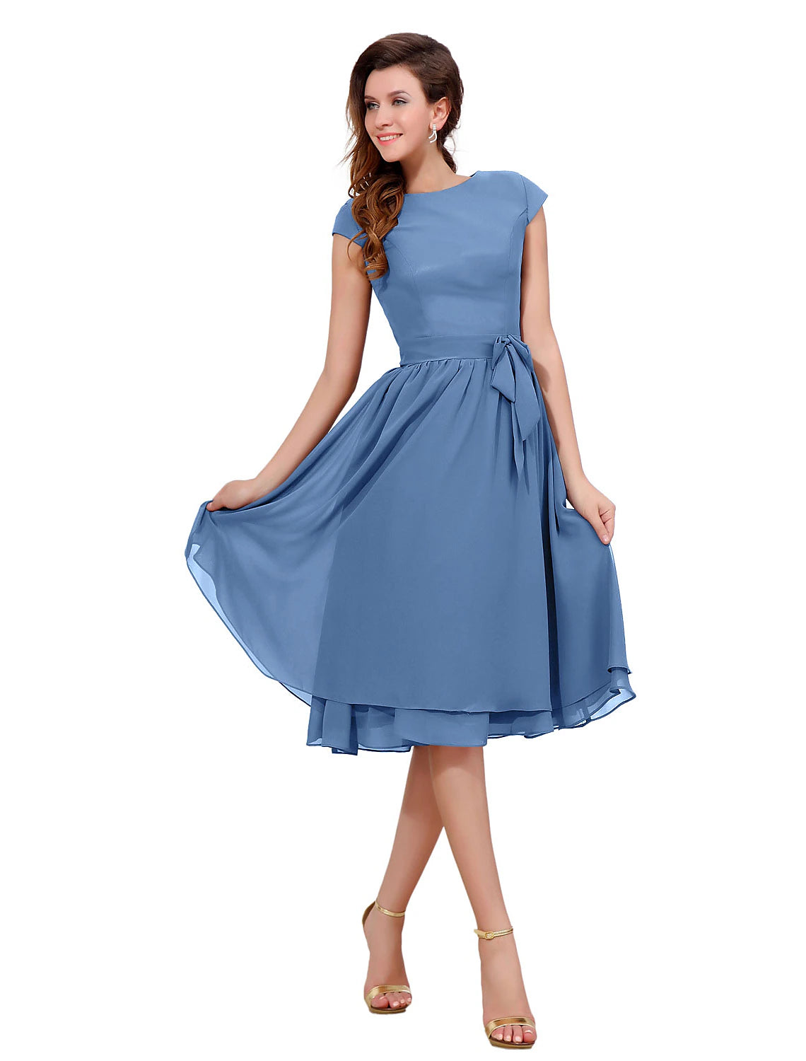 wholesale  A-Line Mother of the Bride Dress Sweet Jewel Neck Knee Length Chiffon Short Sleeve with Buttons