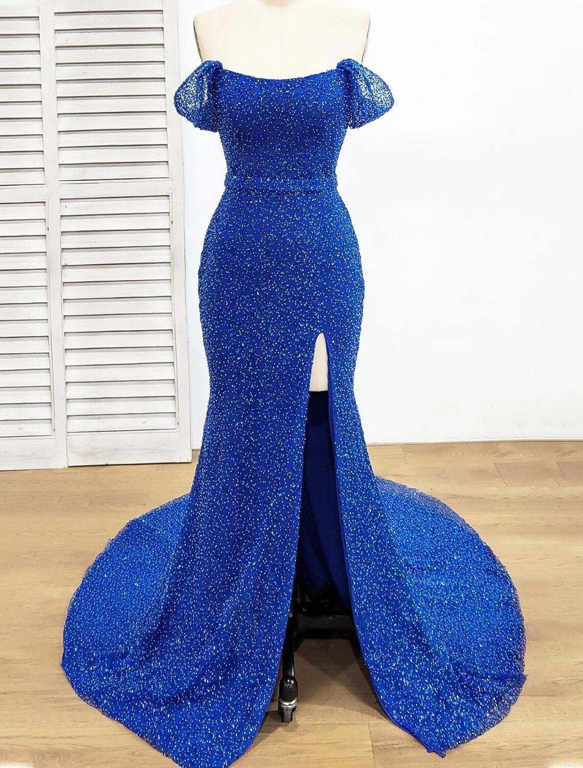 Wholesa Mermaid / Trumpet Evening Gown Elegant Dress Formal Prom Floor Length Short Sleeve Off Shoulder Sequined with Sequin