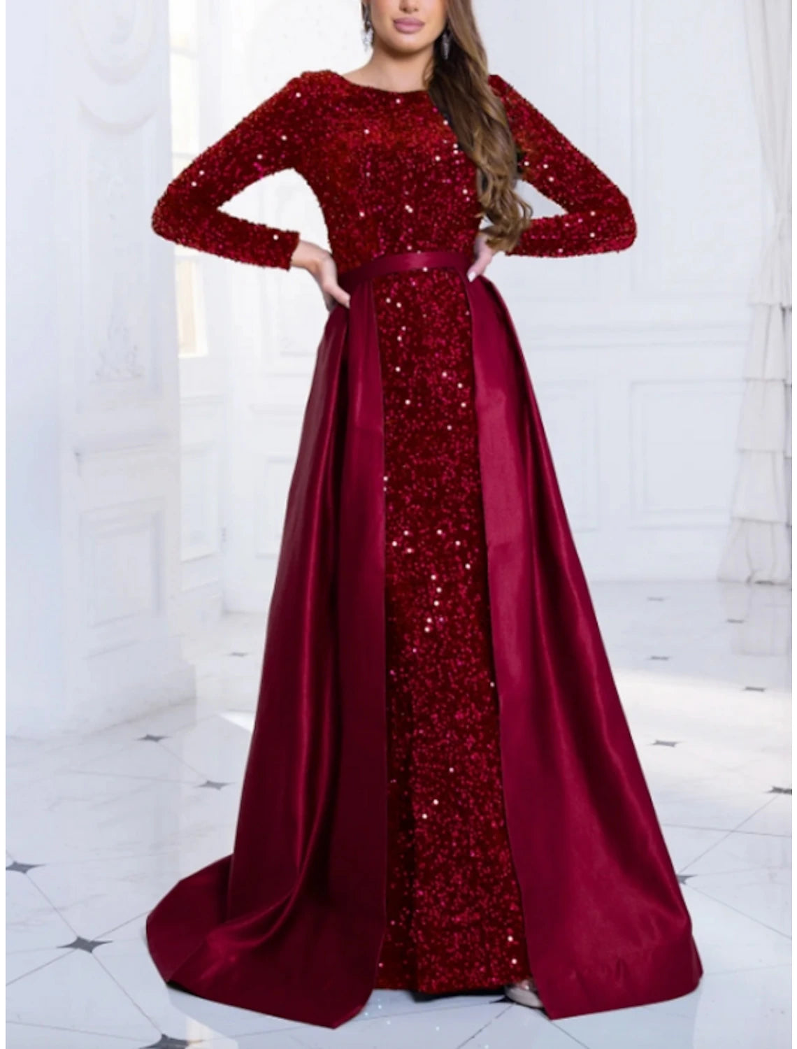 Wholesa A-Line Evening Gown Elegant Dress Formal Fall Sweep / Brush Train Long Sleeve Jewel Neck Sequined with Glitter Pleats