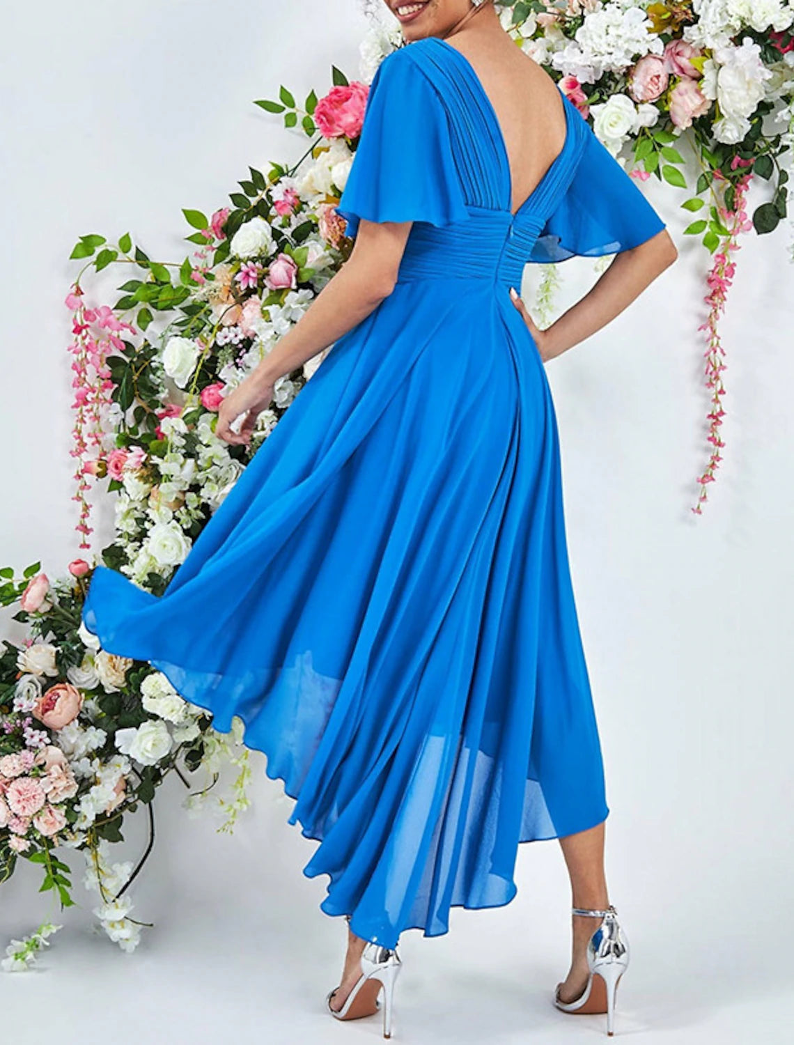 Wholesa A-Line Cocktail Dresses Elegant Dress Wedding Summer Asymmetrical Sleeveless V Neck Chiffon with Ruched