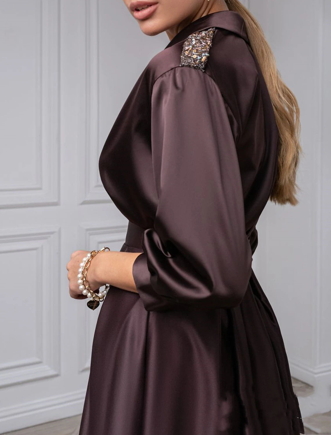 Wholesa A-Line Cocktail Dresses Elegant Dress Wedding Guest Evening Party Tea Length 3/4 Length Sleeve Shirt Collar Satin with Pleats