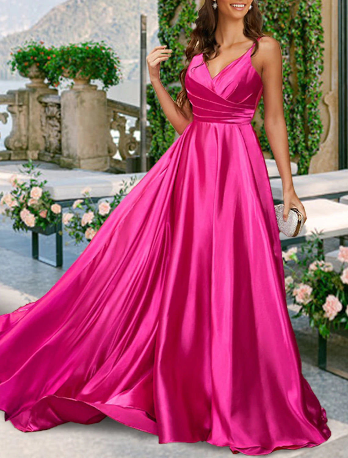 wholesale  A-Line Bridesmaid Dress V Neck / Spaghetti Strap Sleeveless Sexy Sweep / Brush Train Charmeuse with Pleats / Solid Color