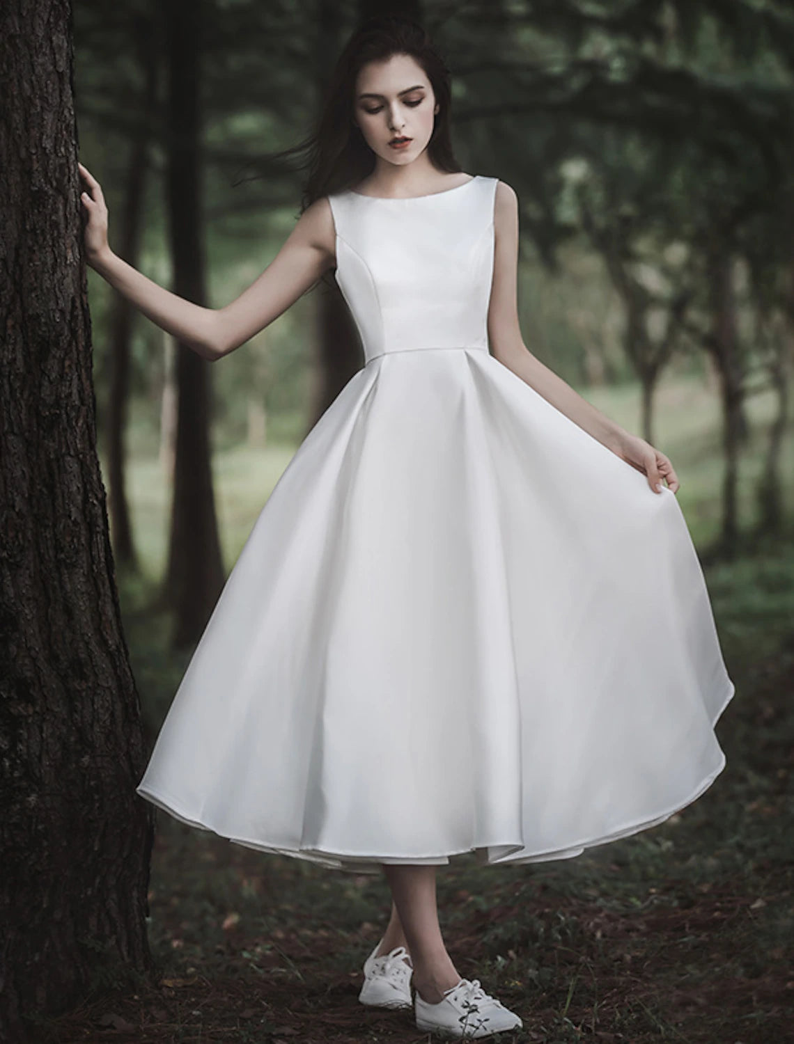 wholesale  Reception Little White Dresses Wedding Dresses A-Line Scoop Neck Sleeveless Tea Length Satin Bridal Gowns With Solid Color