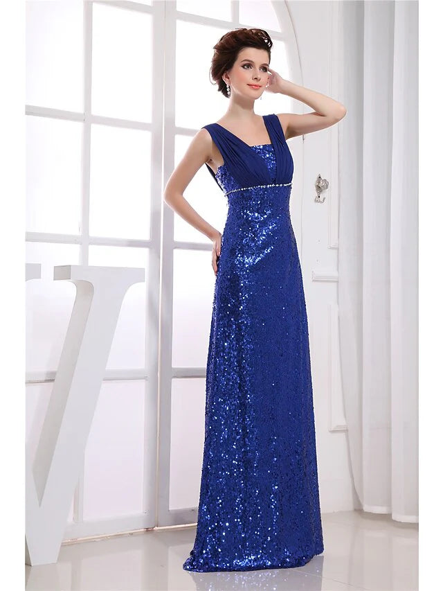 Wholesa Sheath / Column Sparkle Wedding Guest Engagement Formal Evening Dress V Neck Sleeveless Floor Length Chiffon with Beading