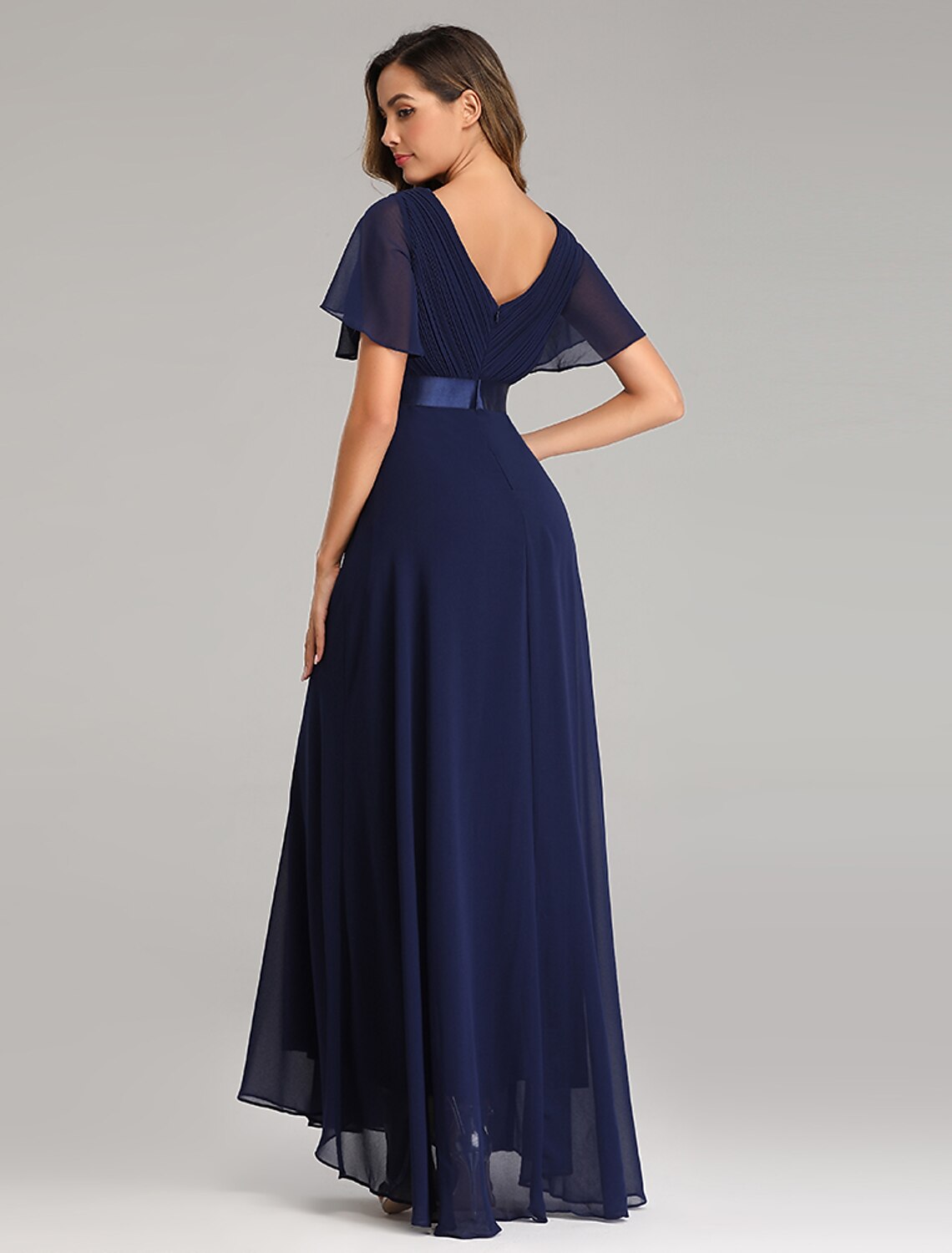 Wholesa A-Line Prom Dresses Empire Dress Wedding Guest Prom Floor Length Short Sleeve V Neck Bridesmaid Dress Chiffon with Pleats