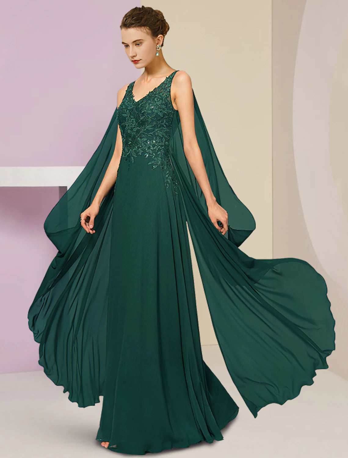 wholesale  Sheath / Column Mother of the Bride Dress Wedding Guest Vintage Party V Neck Floor Length Chiffon Lace Sleeveless with Pleats Sequin