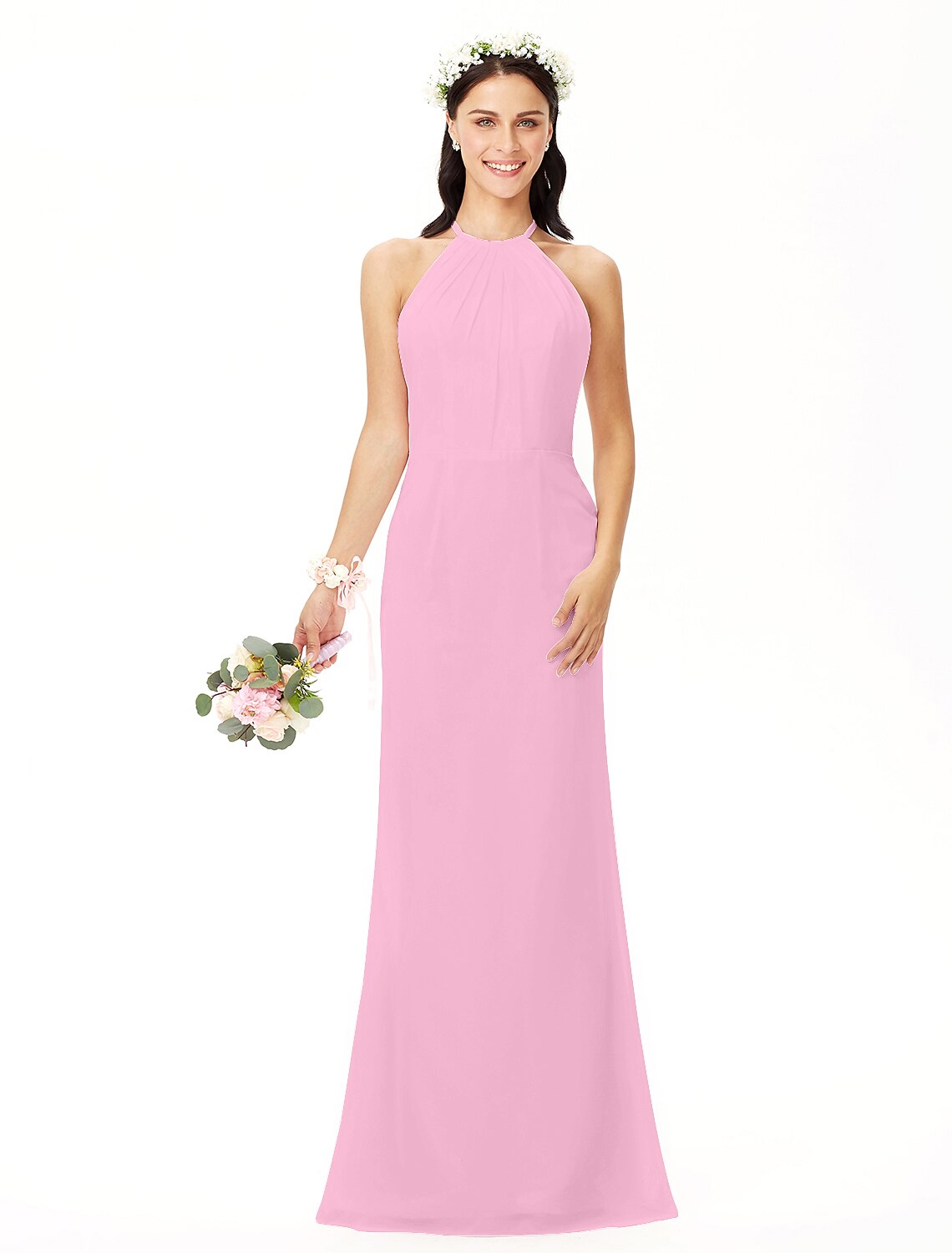 wholesale  Sheath / Column Bridesmaid Dress Jewel Neck Sleeveless Elegant Floor Length Chiffon with Pleats