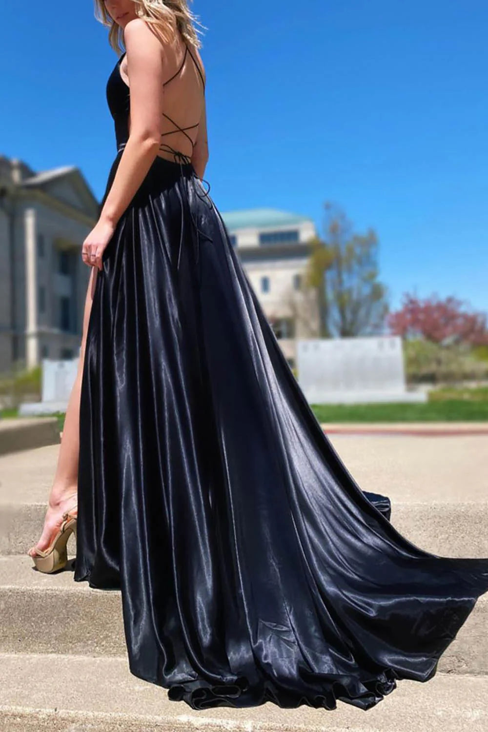 Wholesa A-Line V-Neck Satin Long Prom Dress with Slit