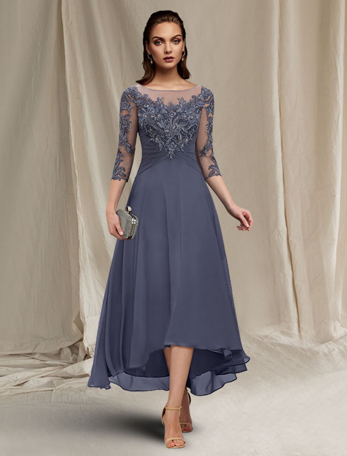 wholesale  A-Line Mother of the Bride Dress Elegant High Low Jewel Neck Asymmetrical Tea Length Chiffon Lace Short Sleeve Wrap Included with Ruched Sequin Appliques