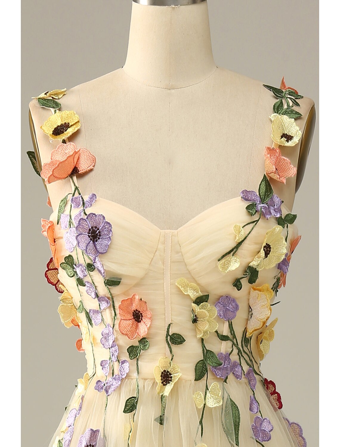 wholesale  A-Line Wedding Guest Dresses Floral Dress Holiday Prom Floor Length Sleeveless Spaghetti Strap Tulle with Appliques