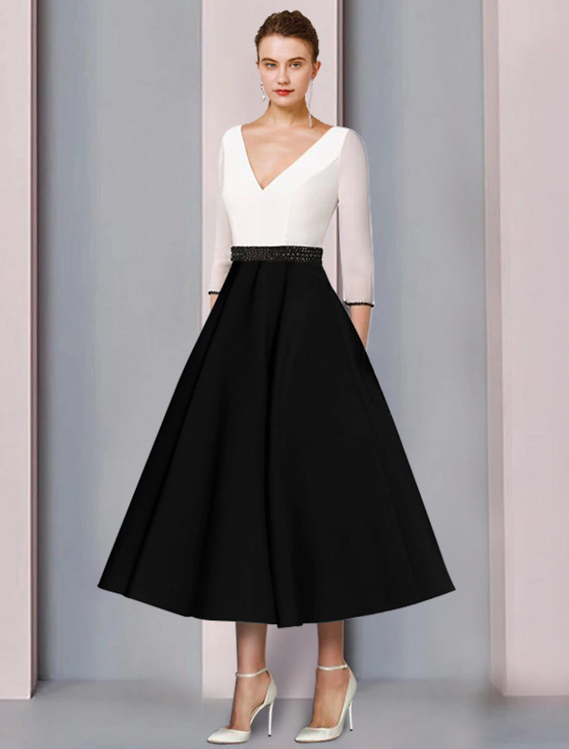 wholesale A-Line Mother of the Bride Dress Wedding Guest Elegant V Neck Tea Length Chiffon Satin Short Sleeve with Sash / Ribbon Color Block