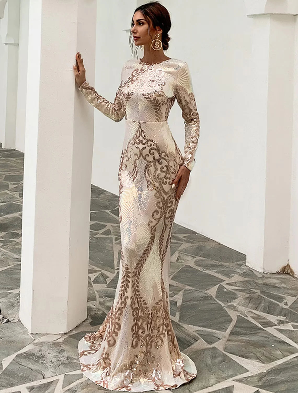 Wholesa Mermaid / Trumpet Evening Gown Sexy Dress Formal Sweep / Brush Train Long Sleeve Jewel Neck Polyester Backless with Sequin