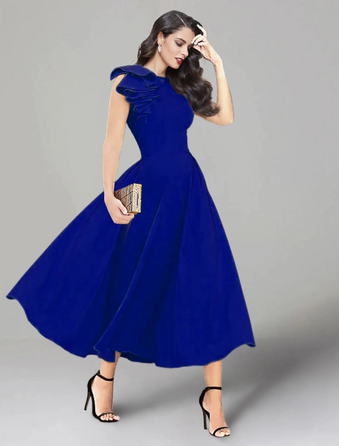 Wholesa A-Line Wedding Guest Dresses Backless Dress Summer Tea Length Sleeveless Jewel Neck Stretch Fabric with Ruffles