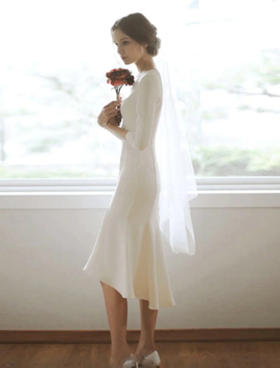 Wholesa Reception Little White Dresses Wedding Dresses Mermaid / Trumpet V Neck 3/4 Length Sleeve Asymmetrical Satin Bridal Gowns With