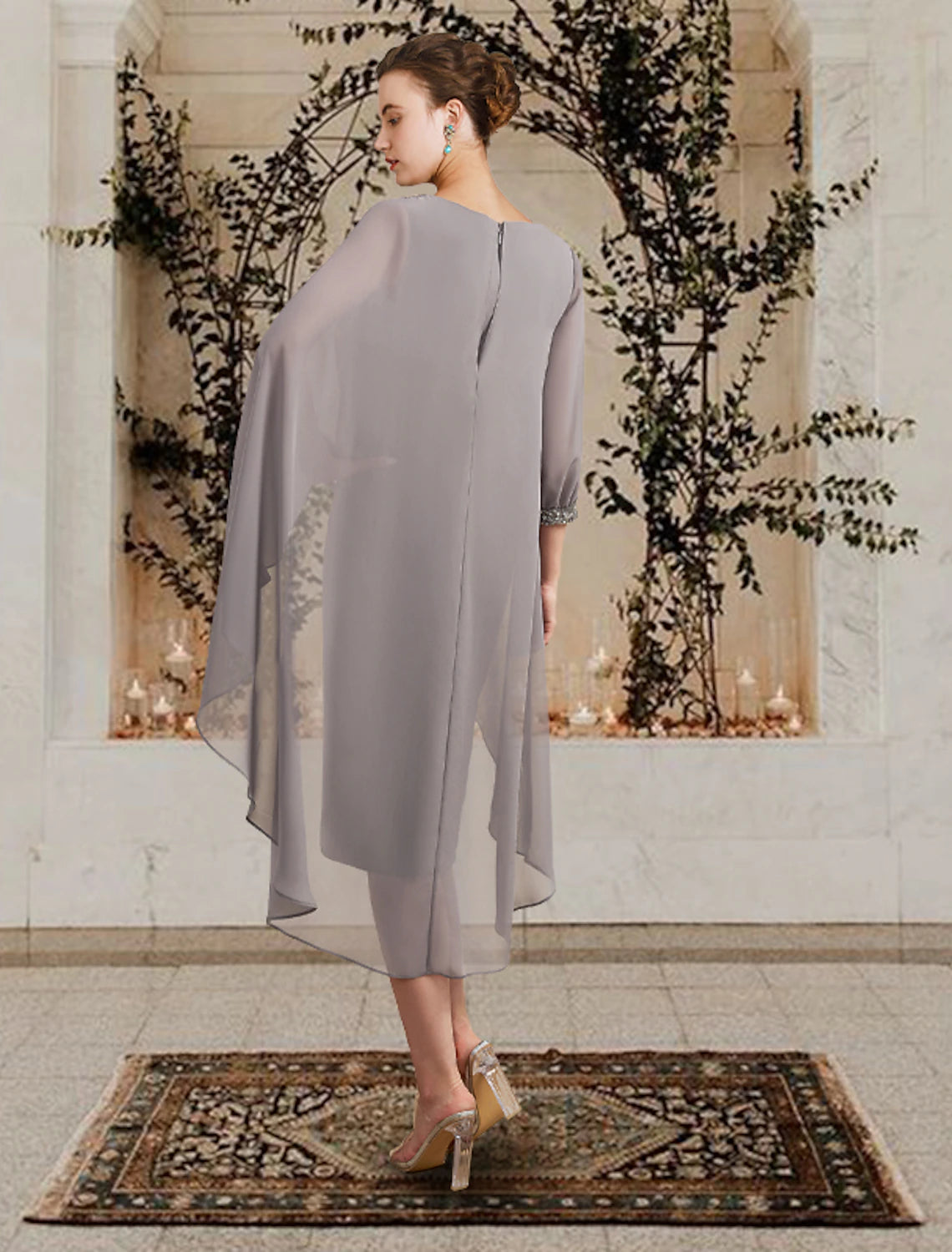 wholesale  Sheath / Column Mother of the Bride Dress Wedding Guest Elegant Jewel Neck Floor Length Chiffon 3/4 Length Sleeve with Beading Sequin Fall
