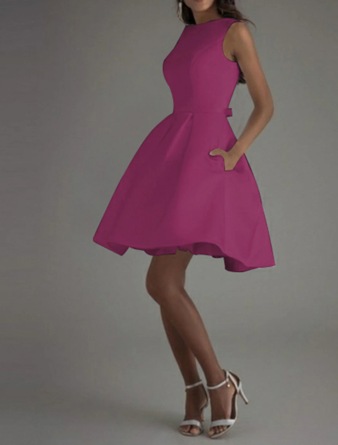 Wholesa A-Line Cocktail Dresses Minimalist Dress Valentine's Day Wedding Guest Knee Length Sleeveless Boat Neck Satin V Back with Sleek Bow(s) Pure Color
