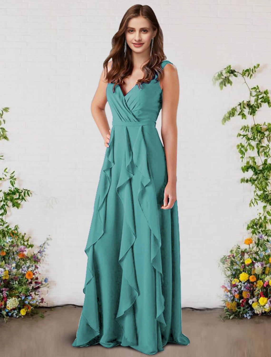 wholesale   A-Line Bridesmaid Dress V Neck Sleeveless Elegant Floor Length Chiffon with Ruffles
