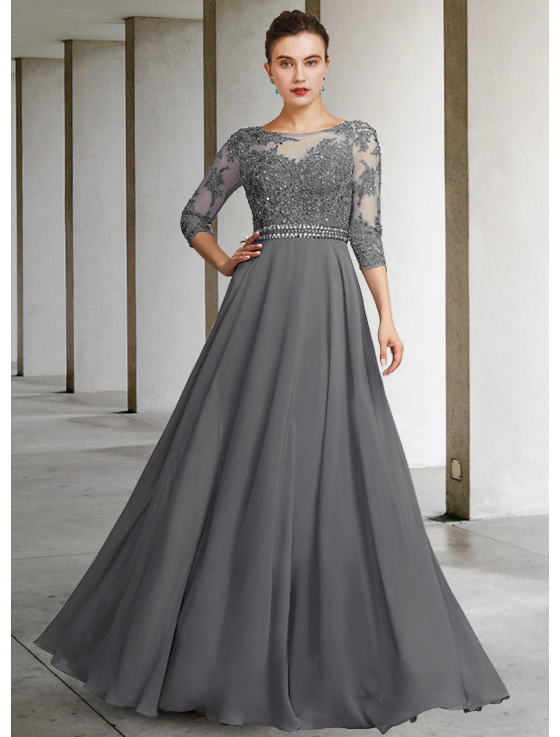 wholesale  A-Line Mother of the Bride Dress Elegant Jewel Neck Floor Length Chiffon Lace 3/4 Length Sleeve with Pleats Appliques