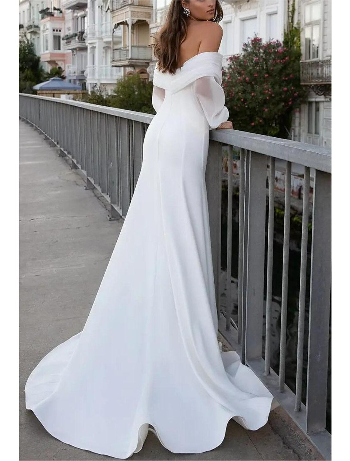 Wholesa  Casual Formal Wedding Dresses Mermaid / Trumpet Off Shoulder Long Sleeve Sweep / Brush Train Chiffon Bridal Gowns With Solid Color