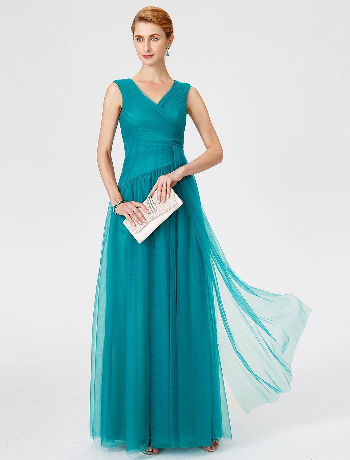 wholesale  Princess Mother of the Bride Dress Elegant V Neck Floor Length Tulle Sleeveless No with Criss Cross Ruched