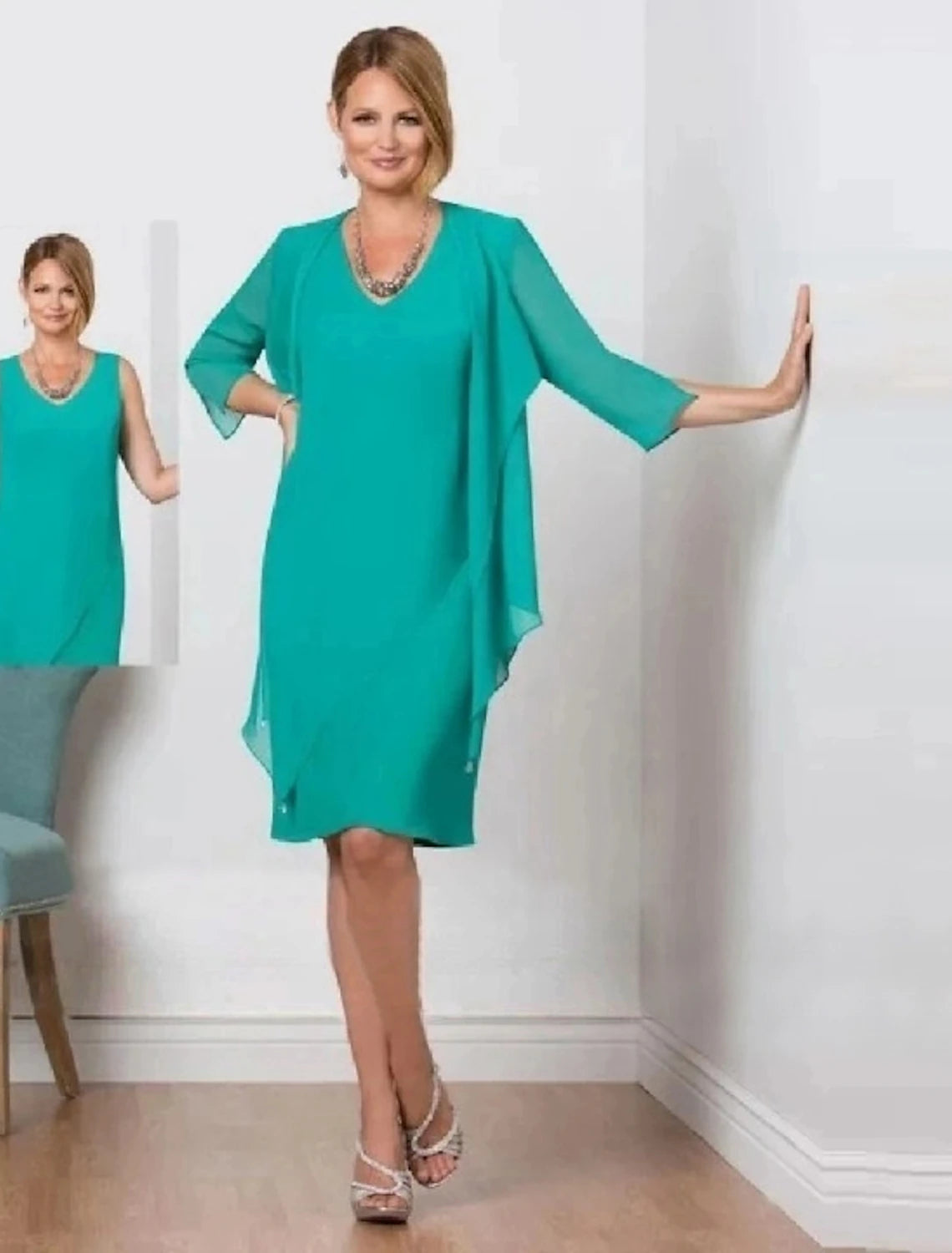 wholesale  Two Piece Mother of the Bride Dress Fall Wedding Guest Simple Elegant V Neck Knee Length Chiffon 3/4 Length Sleeve with Solid Color