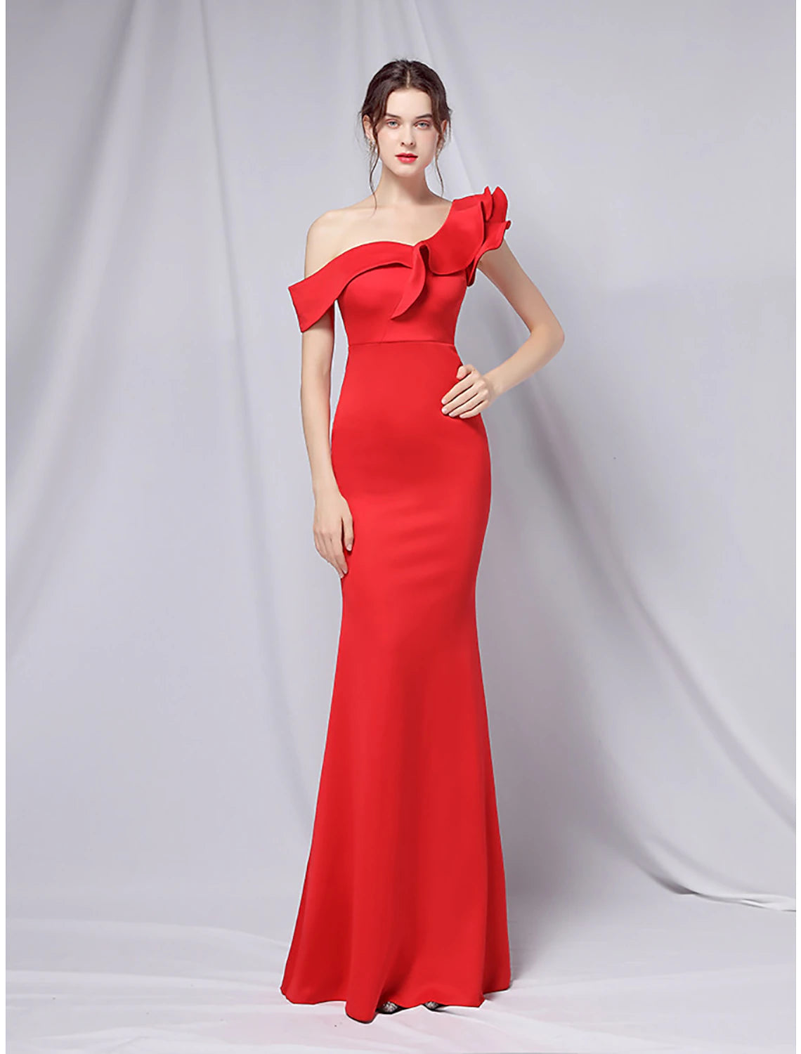 Wholesa Mermaid / Trumpet Evening Gown Empire Dress Wedding Guest Formal Evening Floor Length Short Sleeve One Shoulder Stretch Satin with Ruffles