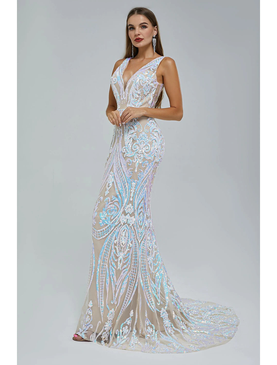 Wholesa Mermaid / Trumpet Evening Gown Sparkle & Shine Dress Engagement Formal Evening Court Train Sleeveless V Neck Sequined with Sequin