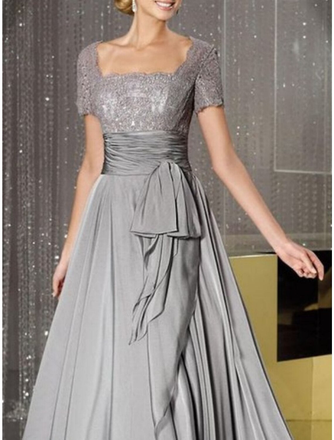 Wholesa Sheath / Column Mother of the Bride Dress Wedding Guest Elegant Sparkle & Shine Square Neck Floor Length Chiffon Lace Short Sleeve with Sash / Ribbon Pleats