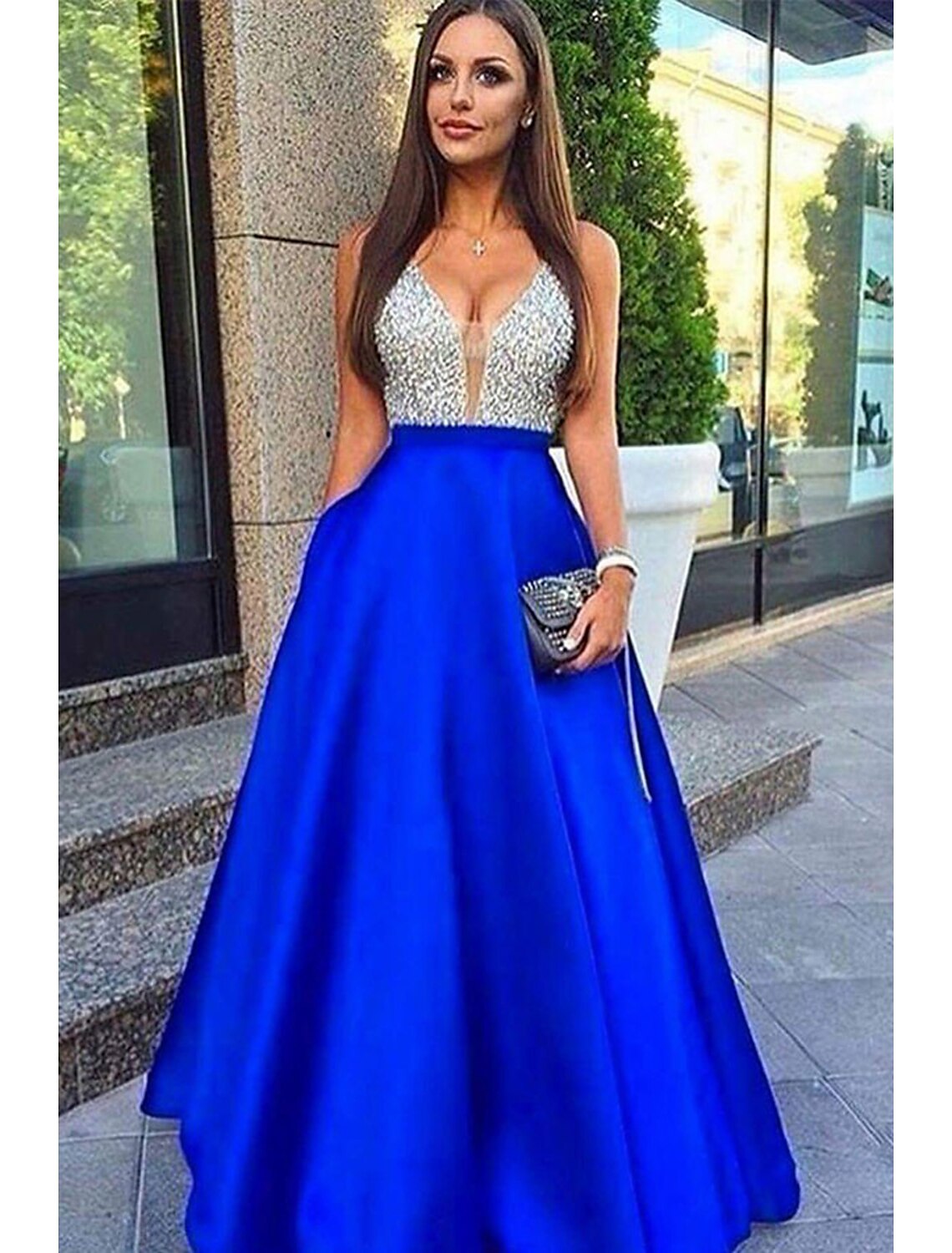 wholesale  A-Line Prom Dresses Sparkle & Shine Dress Formal Prom Floor Length Sleeveless V Neck Pocket Stretch Satin Backless V Back with Beading Pocket