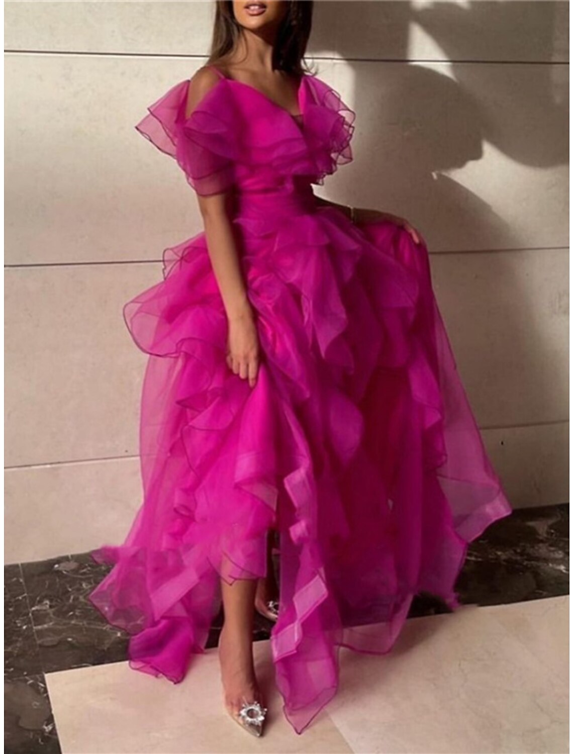 Wholesa A-Line Prom Dresses Elegant Dress Formal Sweep / Brush Train Short Sleeve V Neck Organza with Pleats Ruffles