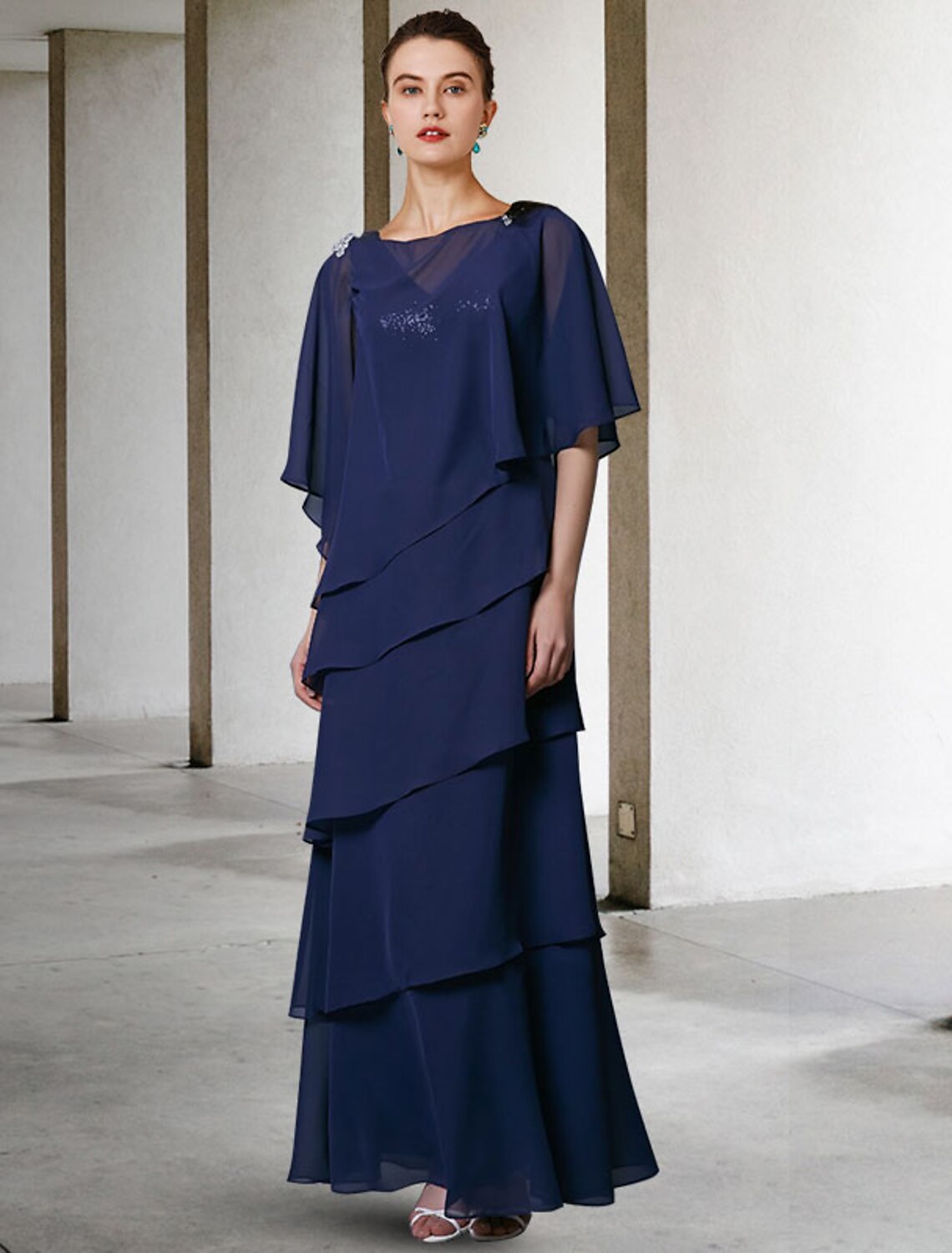 wholesale  A-Line Mother of the Bride Dress Elegant V Neck Floor Length Chiffon Sequined Sleeveless Wrap Included with Sequin Ruffles