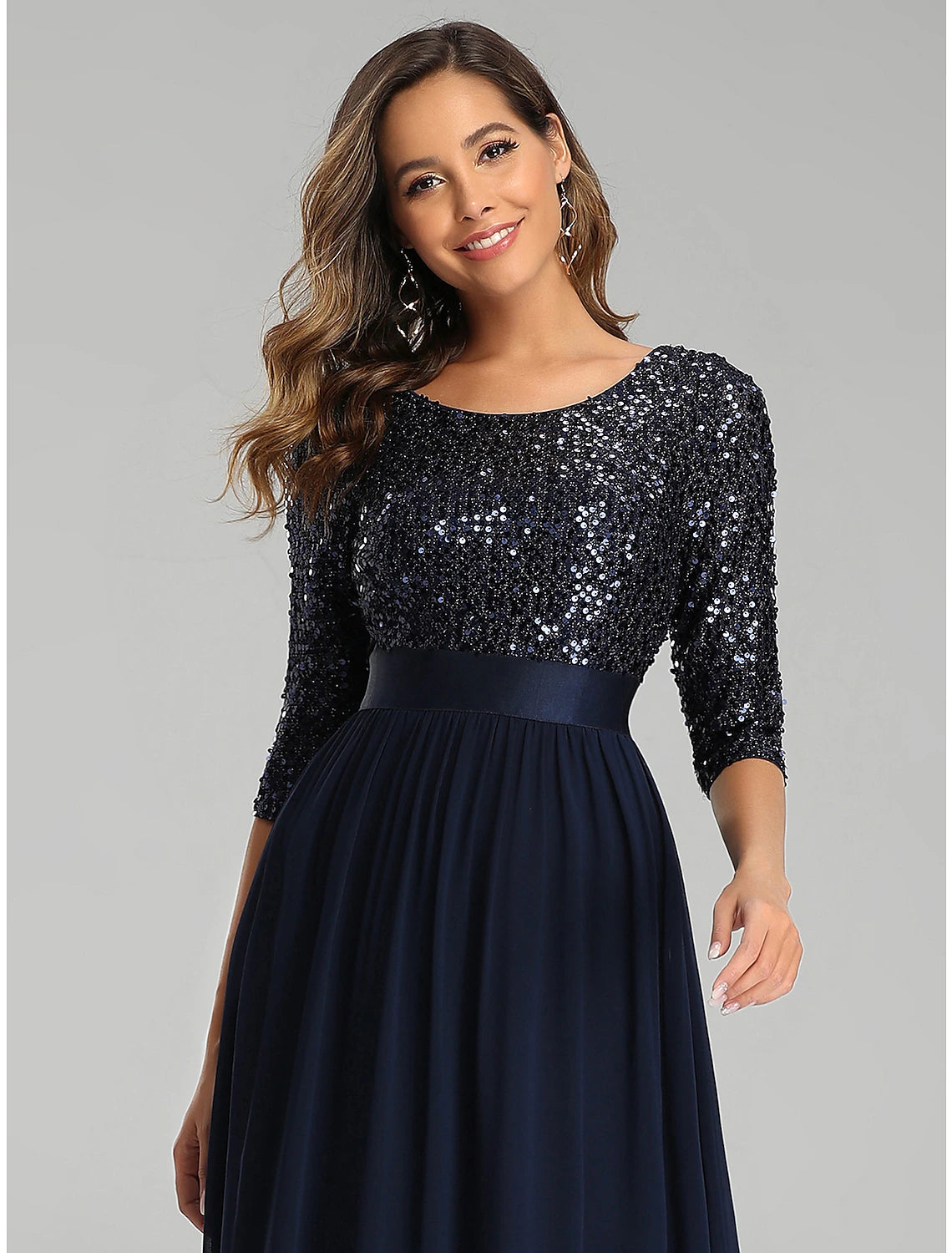 wholesa A-Line Elegant Wedding Guest Formal Evening Dress Jewel Neck 3/4 Length Sleeve Floor Length Tulle with Sequin